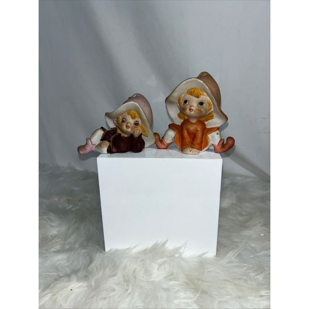 Vintage Homeco Ceramic Elf Figurines Set Pixie‎ Sprites Orange Burgundy Kitsche